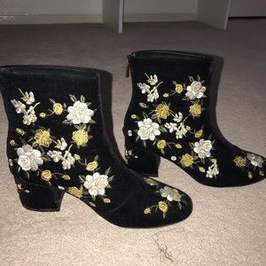 Black suede floral booties